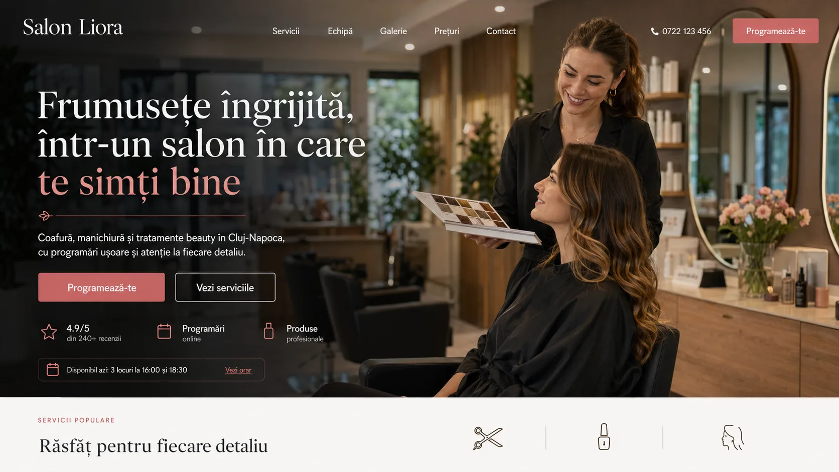 Beauty salon website design - full bleed editorial